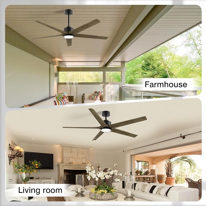 60 Inch Ceiling Fan with Lights, Outdoor Wood Silent Ceiling Fans, Modern High CFM Farmhouse Ceiling Fans, Quiet Reversible DC Motor, 5 Blades 6 Speed for Bedroom Living Room Exterior Patios