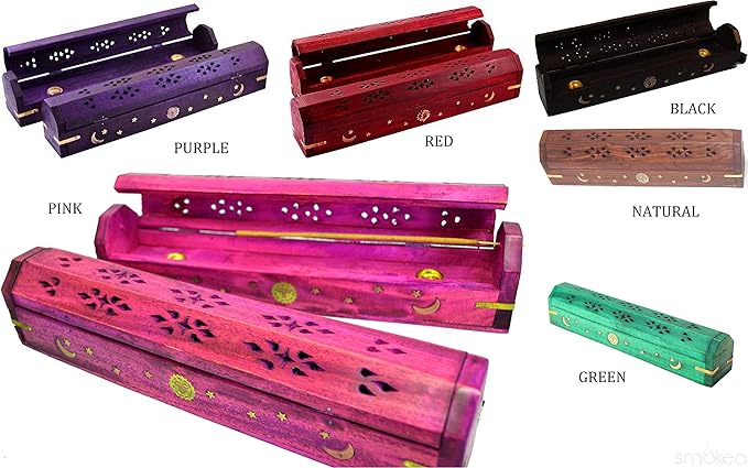 POSHNPRETTY Handmade Celestial Coffin Wooden Incense Box Burner with Brass Inlay (Pink)