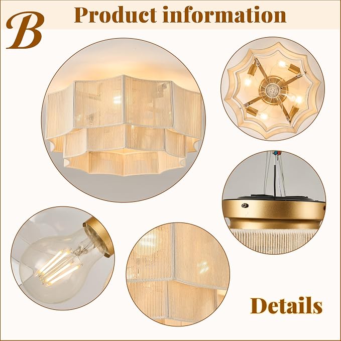 Hand-Woven Bohemian Ceiling Fan with Light, 20" Hexagonal Flush Mount Cotton Fan, Quiet DC Motor with Remote, 6-Speed Reversible Airflow, Transparent Blades for Bedroom Living Room Nursery