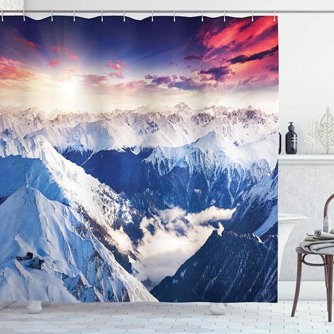 Ambesonne Europe Shower Curtain, Mountain Peak Snowy Winter Colorful Sky Sunbeams Adventure Austria, Cloth Fabric Bathroom Decor Set with Hooks, 69" W x 70" L, Coral Night