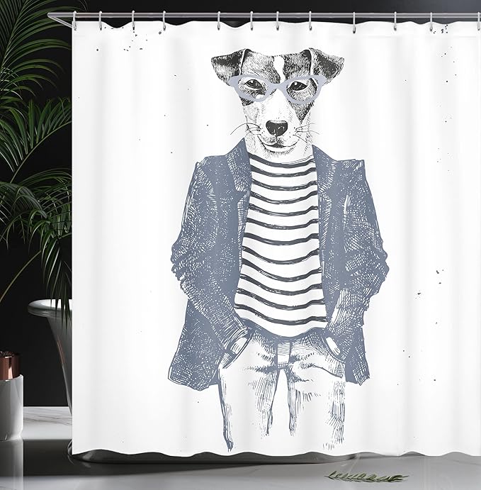 Ambesonne Quirky Shower Curtain, Hipster Jack Russell Dog Glasses Hand Drawn Sketchy Fashion Animal Fun, Cloth Fabric Bathroom Decor Set with Hooks, 69" W x 75" L, Blue Grey