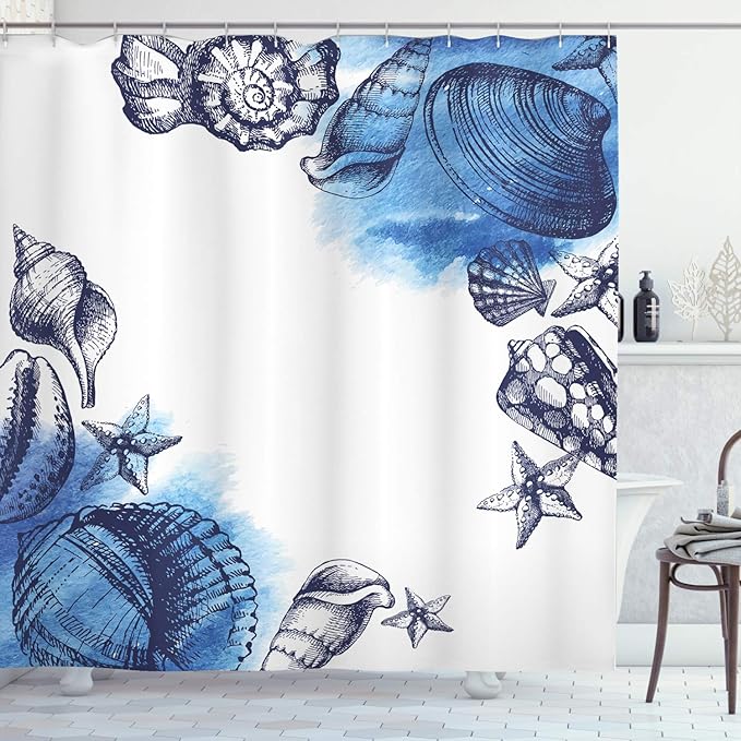 Ambesonne Ocean Shower Curtain, Sealife Sea Shells and Sand Stones Deep Water Star Fish Blue Toned Design, Cloth Fabric Bathroom Decor Set with Hooks, 69" W x 84" L, Navy Blue and White