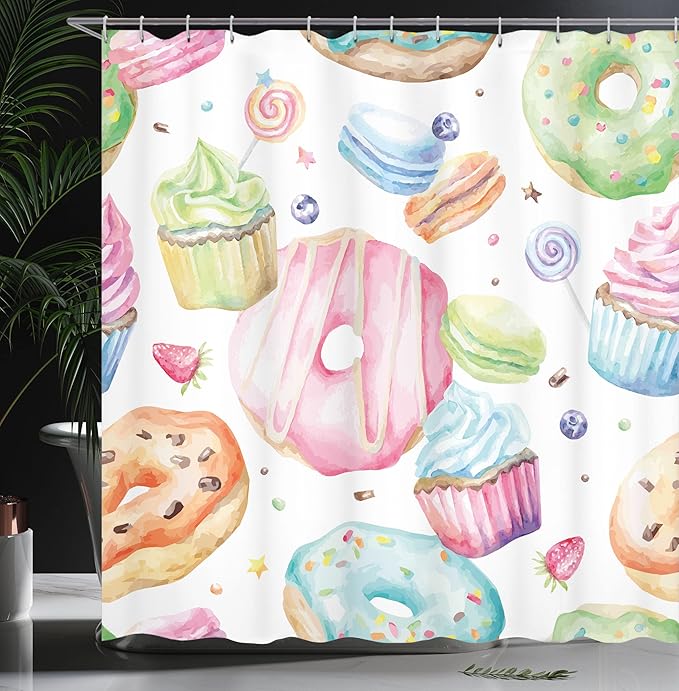 Ambesonne Sweets Shower Curtain, Delicious Macaron Cupcakes Donuts Muffins Sugar Tasty Yummy Watercolor Design Print, Cloth Fabric Bathroom Decor Set with Hooks, 69" W x 70" L, Green Pink