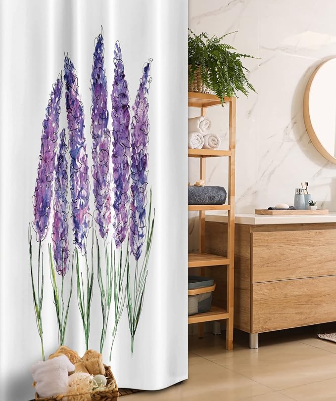 Ambesonne Watercolor Flower Stall Shower Curtain, Illustration of Lavender Flowers Fresh Colors Mint Family Plant, Fabric Bathroom Decor Set with Hooks, 36" W x 72" L, Violet White