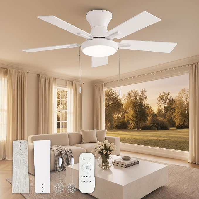 ZMISHIBO Ceiling Fans with Lights, Low Profile Ceiling Fan with Pull Chain and Remote Control, Flush Mount, Reversible, Dimmable, Noiseless, White Pull Cord Ceiling Fan for Bedroom(42inch White)
