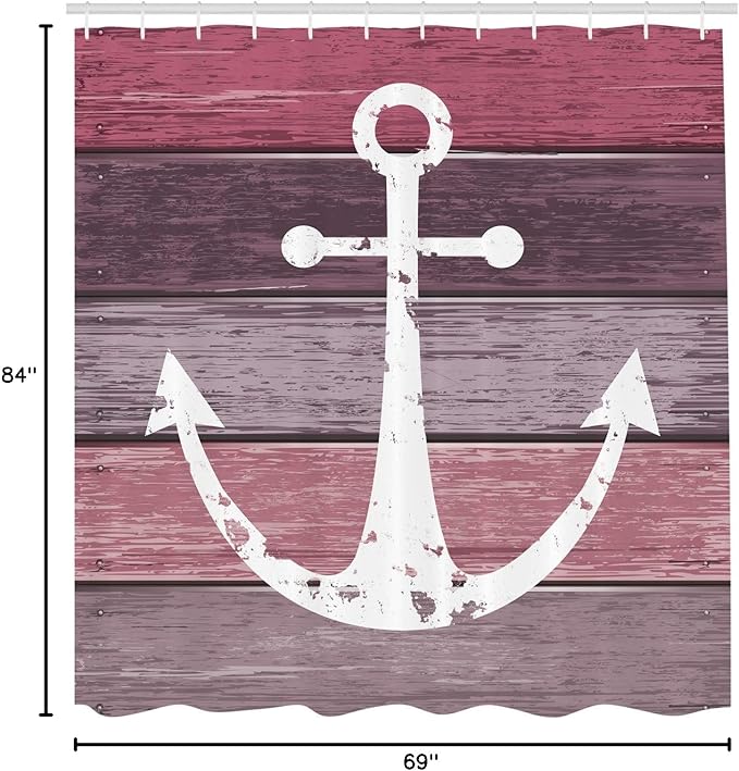 Ambesonne Anchor Shower Curtain, Timeworn Marine Theme on Weathered Wooden Planks in Rustic Pinkish Tones, Cloth Fabric Bathroom Decor Set with Hooks, 69" W x 84" L, Rose