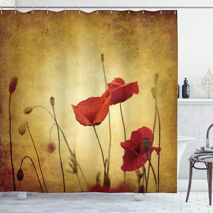 Ambesonne Poppy Flower Shower Curtain, Flower and Buds on Ambient Grunge Background Retro Effects Bohemian, Cloth Fabric Bathroom Decor Set with Hooks, 69" W x 84" L, Pale Brown Vermilion