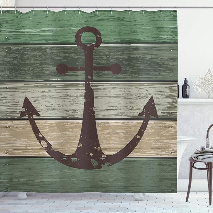Ambesonne Anchor Shower Curtain, Marine Sailing Sea Symbol and Grungy Rustic Planks in a Neutral Camo Tone, Cloth Fabric Drape for Sea Themed Bathroom Decor Set with Hooks, 69" W x 75" L, Green Khaki