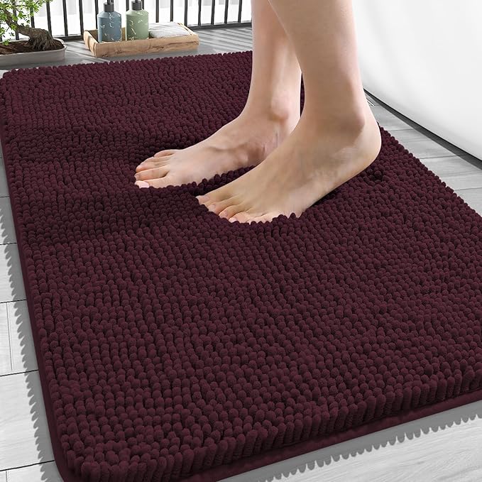 OLANLY Bathroom Rugs 34x21, Extra Soft Absorbent Chenille Bath Rugs, Rubber Backing Quick Dry, Machine Washable Bath Mats for Bathroom Floor, Tub and Shower, Home Decor Accessories, Black Cherry