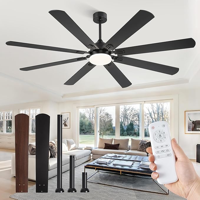 Fanbulous 72 Inch Ceiling Fans with Lights, Black Modern Ceiling Fan with Remote,Large Farmhouse Indoor & Outdoor Ceiling Fan with 8 Dual Finish Blades, Quiet DC Motor, Bright LED Light