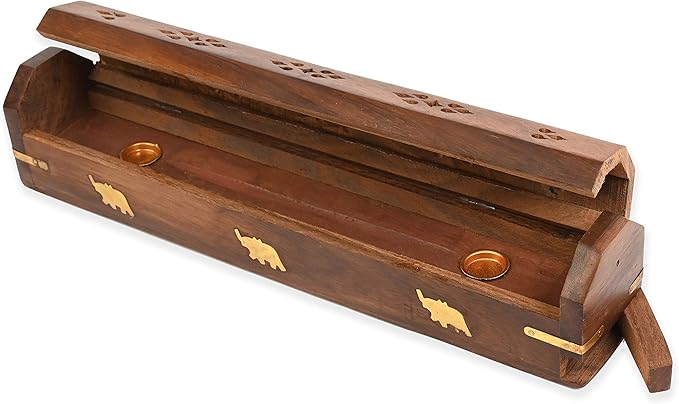 Incense Garden Pack of 2 Incense Stick Holder - Coffin Style - Wood Incense Stick Burner with Elephant Inlays (Natural) Handmade with Brass Inlays