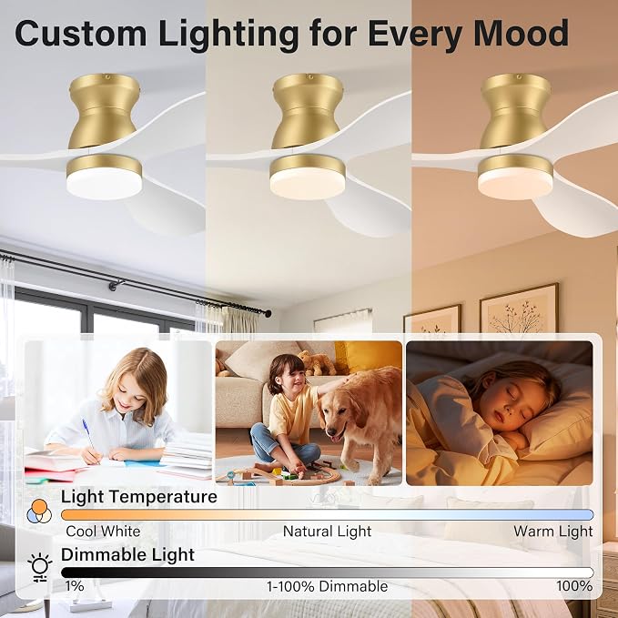 42" Wood Ceiling Fans with Lights Remote,Smart Control via WIFI Voice Alexa APP,White and Gold Flush Mount Ceiling Fan,Dimmable,6 speed,Quiet Motor,Outdoor Indoor Low Profile Fan for Bedroom,Patio