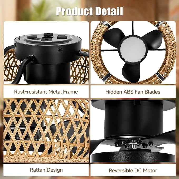 ocioc 20" Fandelier Ceiling Fans with Lights and Remote,Caged Ceiling Fan with Light,Flush Mount Low Profile,Bladeless,Quiet Reversible DC Motor,Boho Rattan Ceiling Fan for Bedroom,Living Room