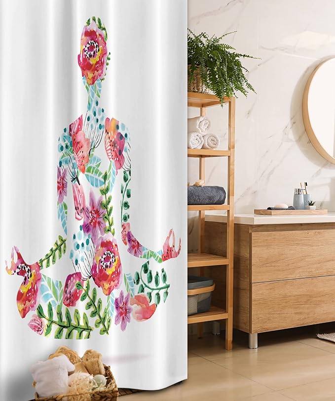 Ambesonne Yoga Stall Shower Curtain, Colorful Yoga Pose Floral Human Leaf Meditating Spring Wellness Vibrant Colors Namaste, Fabric Bathroom Decor Set with Hooks, 36" W x 72" L, Pink Blue