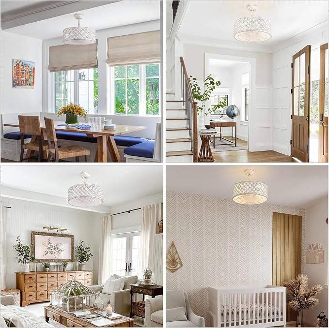 White Fandelier Ceiling Fan with Light, 20" Caged White Chandelier Ceiling Fans with Lights Remote Control, Fabric Mid-Century Modern with 6 Speeds for Bedroom, Nursery, Living Room.