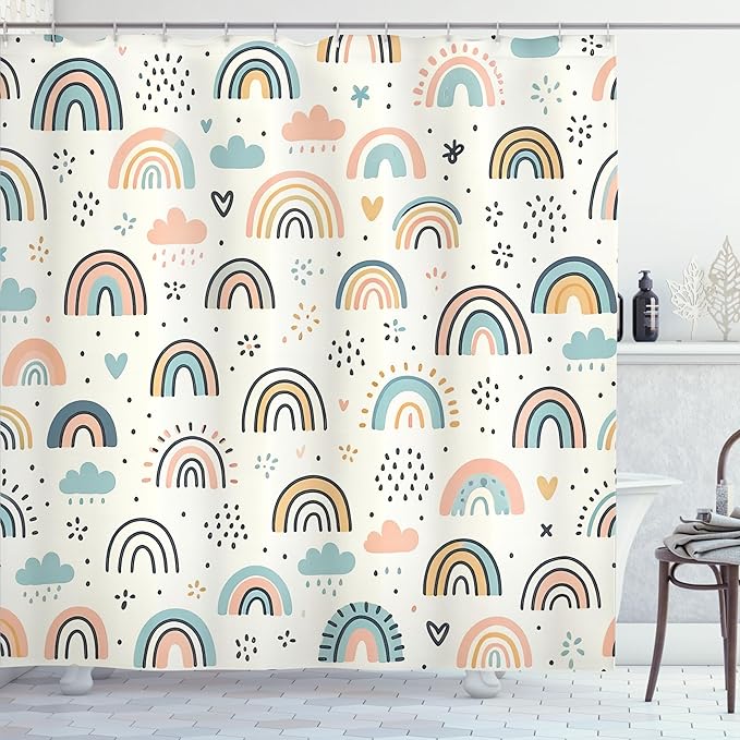 Ambesonne Rainbow Shower Curtain, Funny Scandi Art Cloud and Curving Lines Colorful Joy Happy Atmosphere, Cloth Fabric Bathroom Decor Set with Hooks, 69" W x 70" L, Ivory Blush Soft Blue