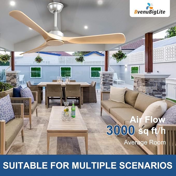 Ceiling Fan Without Light: 52 Inch 3 Blade Indoor Outdoor Fan for Patios - Wood Ceiling Fan No Light Remote APP Control Reversible 6 Speed Timer Noiseless