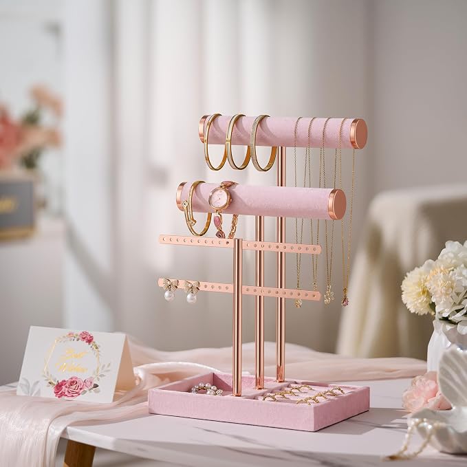 Jewelry Organizer Stand for Necklaces, Bracelets, Earrings, Rings, Pink | 3 Tier Velvet Bracelet Holder Display | Jewelry Organizers and Storage | Jewelry Tree | Jewelry Towers