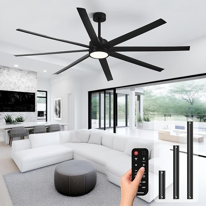 Conciseer Modern Ceiling Fans with Lights, 84 Inch Ceiling Fan with Light and Remote,Living Room Library Cafe Outdoor/Industrial, 3CCT 8 Blades 6 Speed Reversible Quiet DC Motor, Black/A