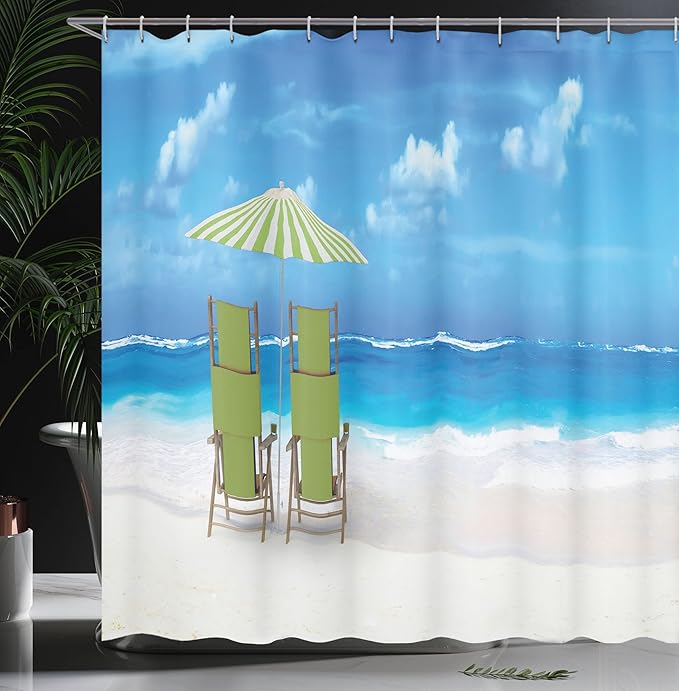 Ambesonne Seaside Shower Curtain, Sunshade Drinks Pair of Reclining Chairs Facing to Ocean Seascape, Cloth Fabric Bathroom Decor Set with Hooks, 69" W x 70" L, Green Lime