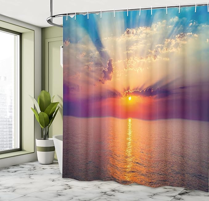 Ambesonne Ocean Shower Curtain, Majestic Sunrise in Tranquil Sea Horizon Dawn Rays Clouds Water Reflection, Cloth Fabric Bathroom Decor Set with Hooks, 69" W x 84" L, Orange Purple Blue