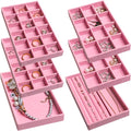 Frebeauty Jewelry Trays for Drawer,Set of 6 Jewelry Organizer and Storage | Velvet Material,Earring Holder Organizer,Stackable Jewelry Display for Vanity,Drawer Inserts for Rings,Studs,8.3×4.9 inch