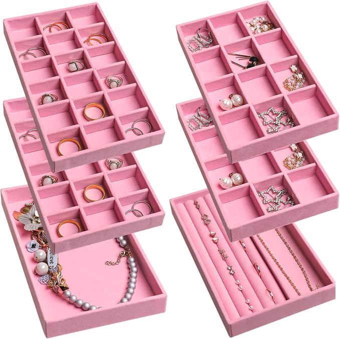 Frebeauty Jewelry Trays for Drawer,Set of 6 Jewelry Organizer and Storage | Velvet Material,Earring Holder Organizer,Stackable Jewelry Display for Vanity,Drawer Inserts for Rings,Studs,8.3×4.9 inch