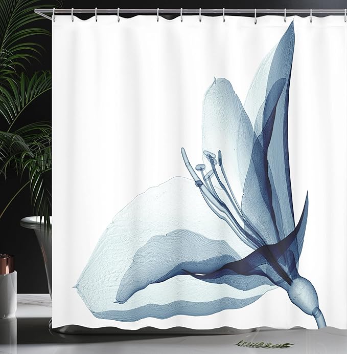 Ambesonne Flower Shower Curtain, X-ray Inspired Image of Amaryllis Flower Nature Inspired Artwork, Cloth Fabric Bathroom Decor Set with Hooks, 69" W x 75" L, White Teal