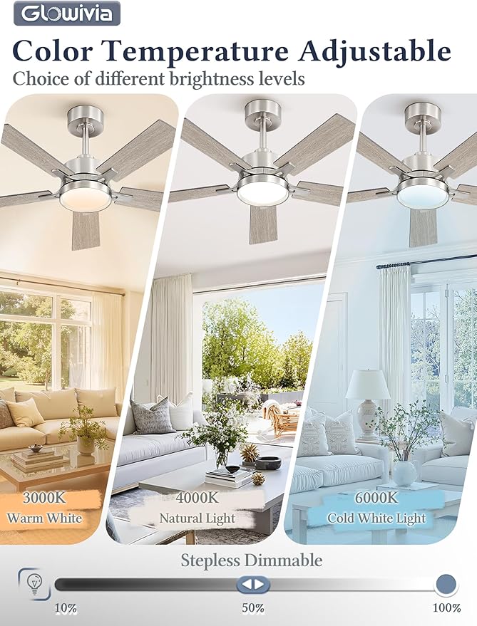 42 Inch Ceiling Fan with Lights and Remote, Smart APP Control, Dimmable with All-Setting Memory, Quiet DC Motor Reversible Blades, Damp Rated Modern Ceiling Fan for Bedroom Patio Living Room
