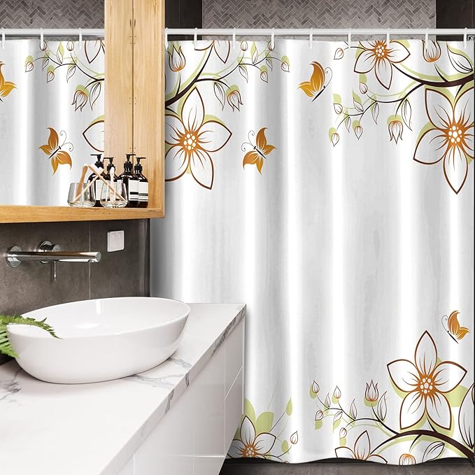 Ambesonne Floral Stall Shower Curtain, Flowers Leaves Branches Buds Butterflies Frame Like Image Print, Fabric Bathroom Decor Set with Hooks, 54" W x 78" L, Pale Green Pale Brown