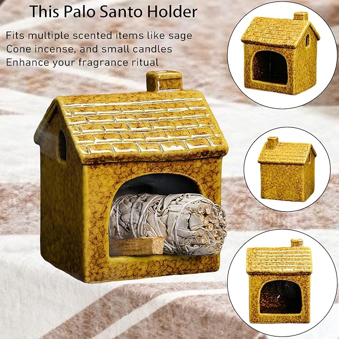 Ceramic Mini Chiminea Palo Santo Burner | Sage & Incense Cone Holder | Stable Smudge Bowl for Zen Altar, Meditation, Yoga | Home Decor & Gift (Yellow)