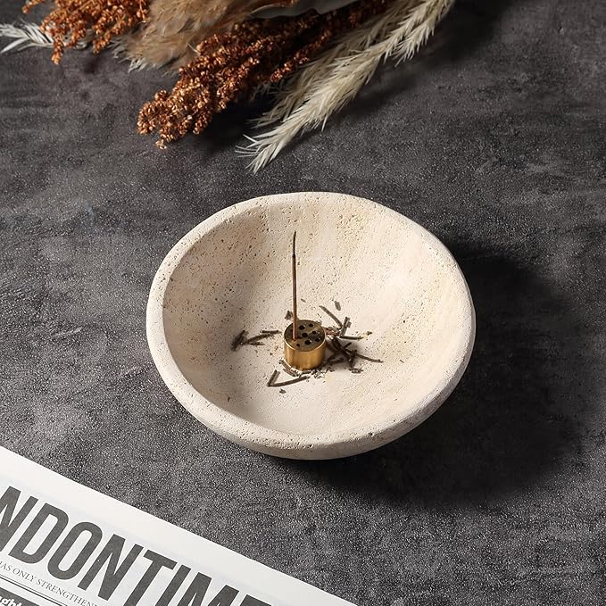 Koville Natural Travertine Incense Holder, Incense Holder for Sticks with 9 Holes, Handmade Incense Burner Ash Catcher for Meditation Yoga SPA, Balsam Fir/Palo Santo/Sage/Cone Incense Holder(Beige)