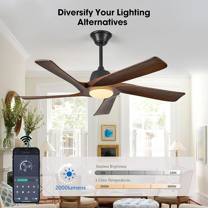 52" DC Ceiling Fan with Light, 5 Solid Wood Blades, Remote and APP Control, 3-color Dimmable, 6-speed Reversible, Quiet Ceiling Fan for Bedroom, Living Room, Dark Walnut