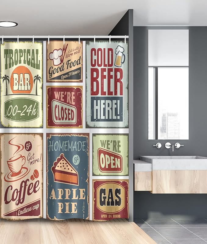 Ambesonne 1950s Stall Shower Curtain, Vintage Style Signs Advertising Beverage Coffee Drink Aged Glass Tropical Nostalgia, Fabric Bathroom Decor Set with Hooks, 54" W x 78" L, Burgundy Ivory
