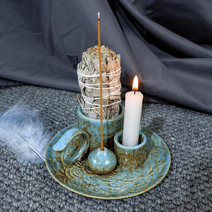 MOUGIGI 5-in-1 Ceramic Palo Santo Burner Holder Blue -Small Candle Holder & Smudge Burning Tray Bowl,Fits Incense Sticks/Cones, Sage.Zen Altar for Meditation Room, Aromatic Scents, Matches Compatible