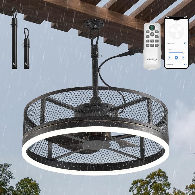 20'' Outdoor Ceiling Fan with Light, IP65 Waterproof Gazebo Hanging Fan, Remote Control, 3CCT, 6-Speed, Plug-in Caged Ceiling Fan for Patio Porch Pergola, Works with Alexa & Google Assistant