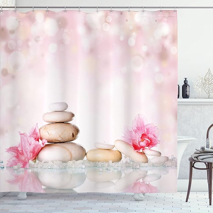Ambesonne Spa Shower Curtain, Bohemian Stones and Soft Petals Therapy Tradition Yoga Picture, Cloth Fabric Bathroom Decor Set with Hooks, 69" W x 70" L, Pale Pink Peach