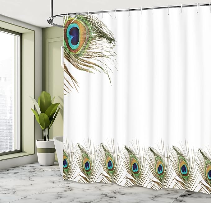 Ambesonne Peacock Shower Curtain, Exotic Peacock Feathers Symbolizing Guidance for Soul Boho Ethnic, Cloth Fabric Bathroom Decor Set with Hooks, 69" W x 70" L, White Teal