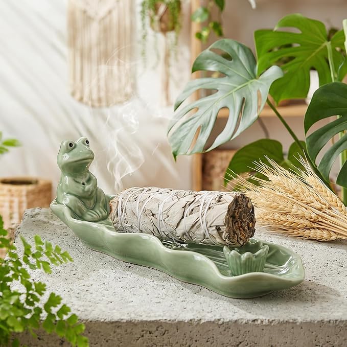 Frog Incense Holder for Sticks, Handmade Ceramic Holder for Burning Sage Sticks, Palo Santo, Cone and Backflow, Incense Burner for Meditation Room Home Decor, Frog Spiritual Gifts for Women