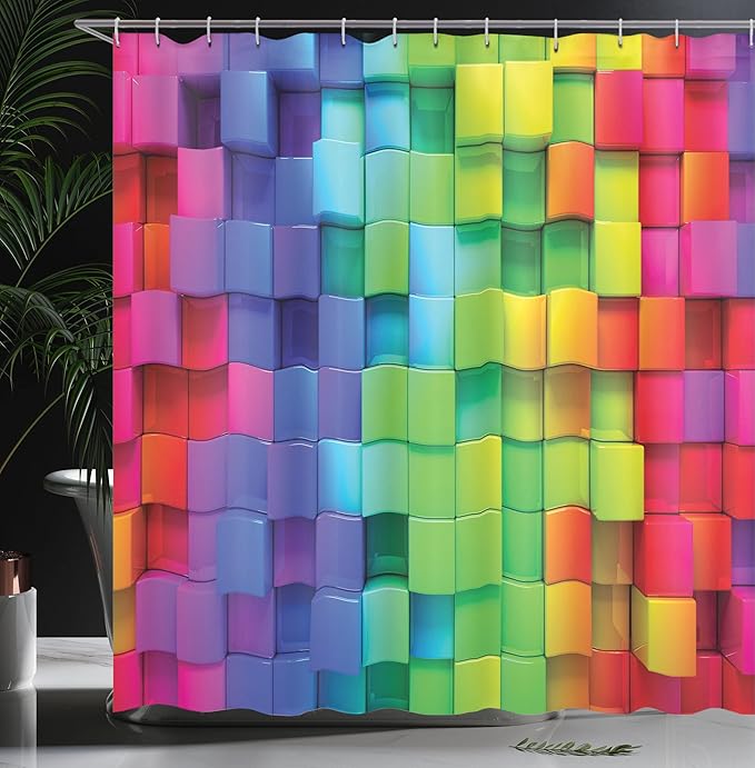 Ambesonne Colorful Shower Curtain, Rainbow Colored Contour Display Futuristic Block Brick-Like Geometric Artisan, Cloth Fabric Bathroom Decor Set with Hooks, 69" W x 84" L, Sky Blue Indigo Fern Green