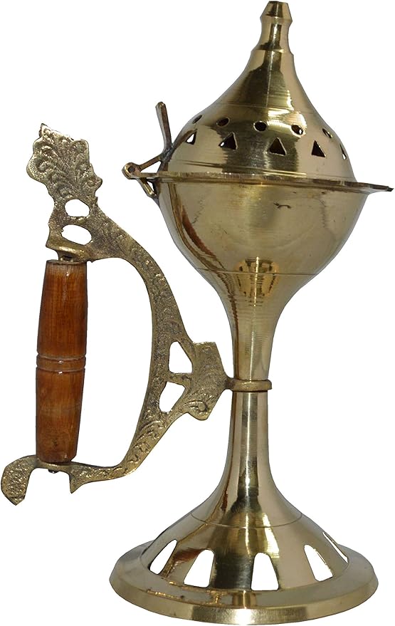 Zap Impex® Lotus Style Solid Brass Vessel Brass Long Incense Charcoal Burner (Size- 7 Inch)