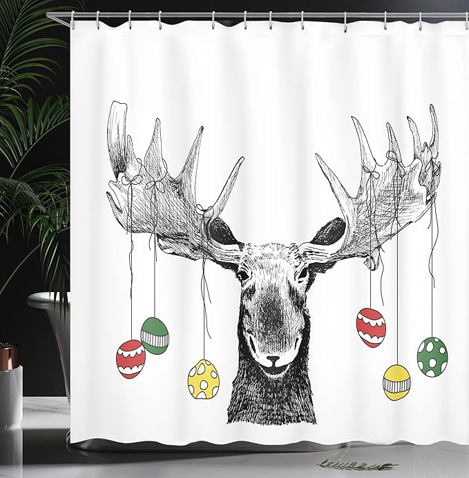 Ambesonne Christmas Shower Curtain, Christmas Moose with Xmas Ornaments Balls Hanging from Horns Funny Noel Sketch Art, Cloth Fabric Bathroom Decor Set with Hooks, 69" W x 70" L, Multicolor Black