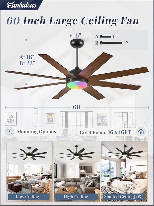 Fanbulous 60 Inch RGB Ceiling Fans with Lights and Remote&APP Control, Black Smart Ceiling Fan with Quiet Reversible DC Motor, 6 Speeds, 3CCT, Dimmable, Large Ceiling Fan for Living Room Bedroom