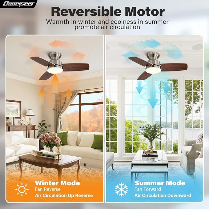 42 Inch Ceiling Fans with Lights and Remote, Bedroom Living Room Office, Flush Mount, 6CCT Dimmable, Dual Color 3 Blades 6 Speed Reversible Quiet DC Motor, Sand-Nickel/Wood Grain
