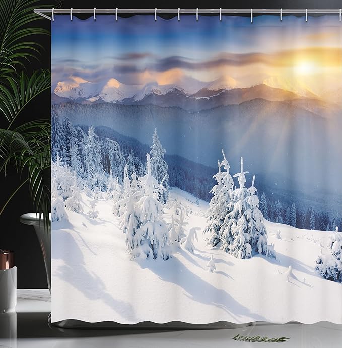 Ambesonne Winter Shower Curtain, Disappearance of Sunrise in Mountain Tops Dramatic Sky Alpine, Cloth Fabric Bathroom Decor Set with Hooks, 69" W x 75" L, Pale Blue
