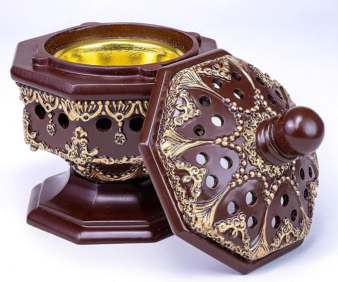 AM Lux Octagon Incense Burner – Bakhoor & Cone Holder | Charcoal Resin Burner for Frankincense, Myrrh & Aromatherapy | Decorative Mabkhara for Home, Office & Meditation Room Decor (Octagon Brown)