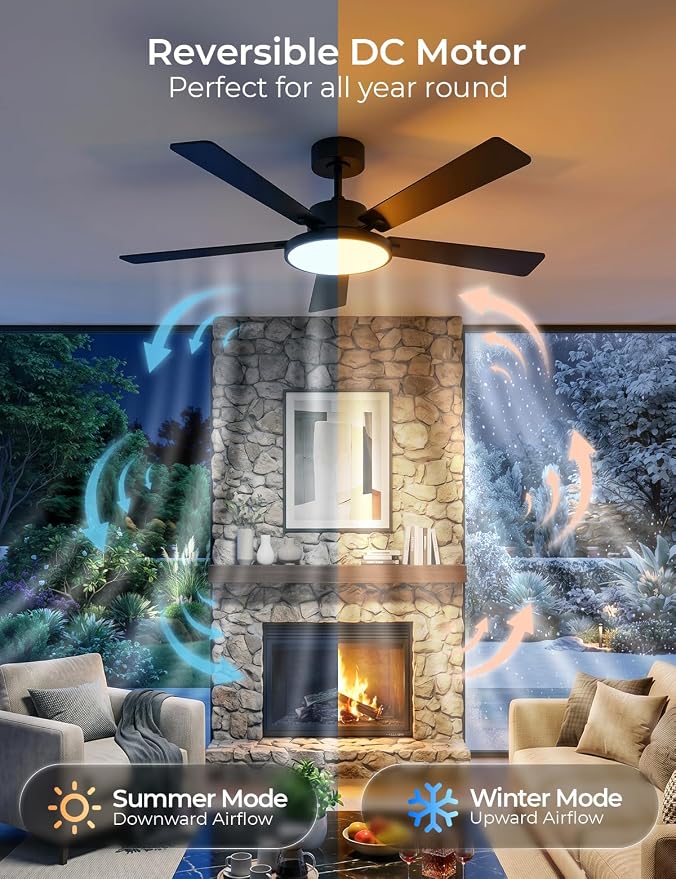 CINOTON Smart Ceiling Fan with Lights, 52'' RGBCW Ceiling Fan with Lights and Remote App Voice Control, Reversible DC Motor, 2600lm Dimmable, 6 Speeds & 2 Fan Modes, Quiet Fan for Bedroom, Living Room