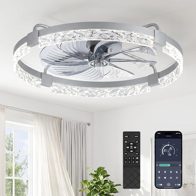 ZMISHIBO 24 Inch Flush Mount Ceiling Fan with Light, Bladeless Low Profile Enclosed Fan for Bedroom Kids Room, 6 Speeds Reversible DC Motor, 3CCT Dimmable Smart App Control