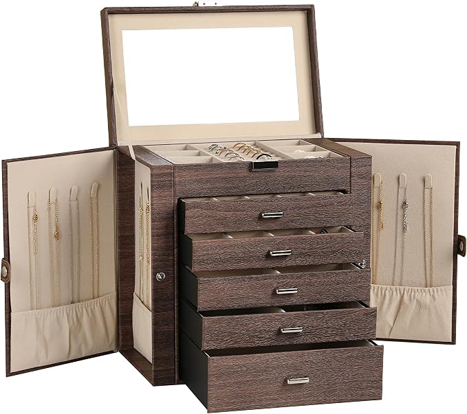 Frebeauty 6-Layer Jewelry Box for Women,Large Jewelry Organizer with Drawer | Faux Leather,Built-in Mirror,Spacious Jewelry Storage,16 Necklace Hooks,Organizing by Category for Rings Earrings Bracelet