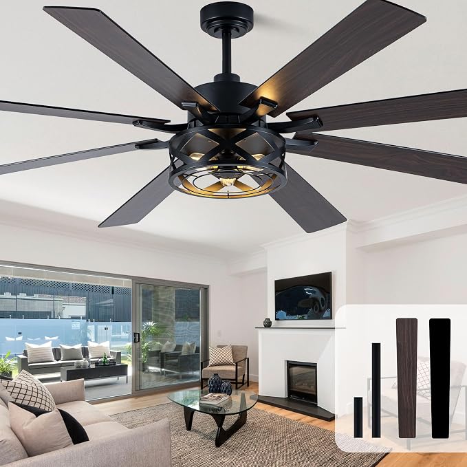 72 Inch Farmhouse Ceiling Fan with Light and Remote Black Rustic Ceiling Fan Quiet and Reversible DC Motor Caged Chandelier Fan for Living Room Bedroom